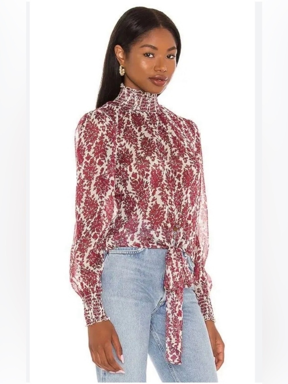 NWT MINKPINK Wine White Floral Tie-Front Smocked High Neck Blouse Size Small